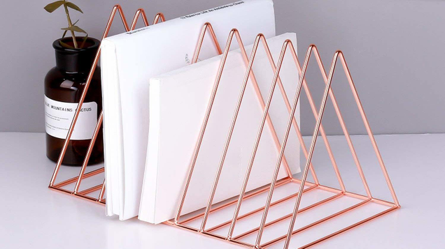 Since everything looks better in rose gold, this magazine rack is a stylish way to hold eight of your favorite albums.